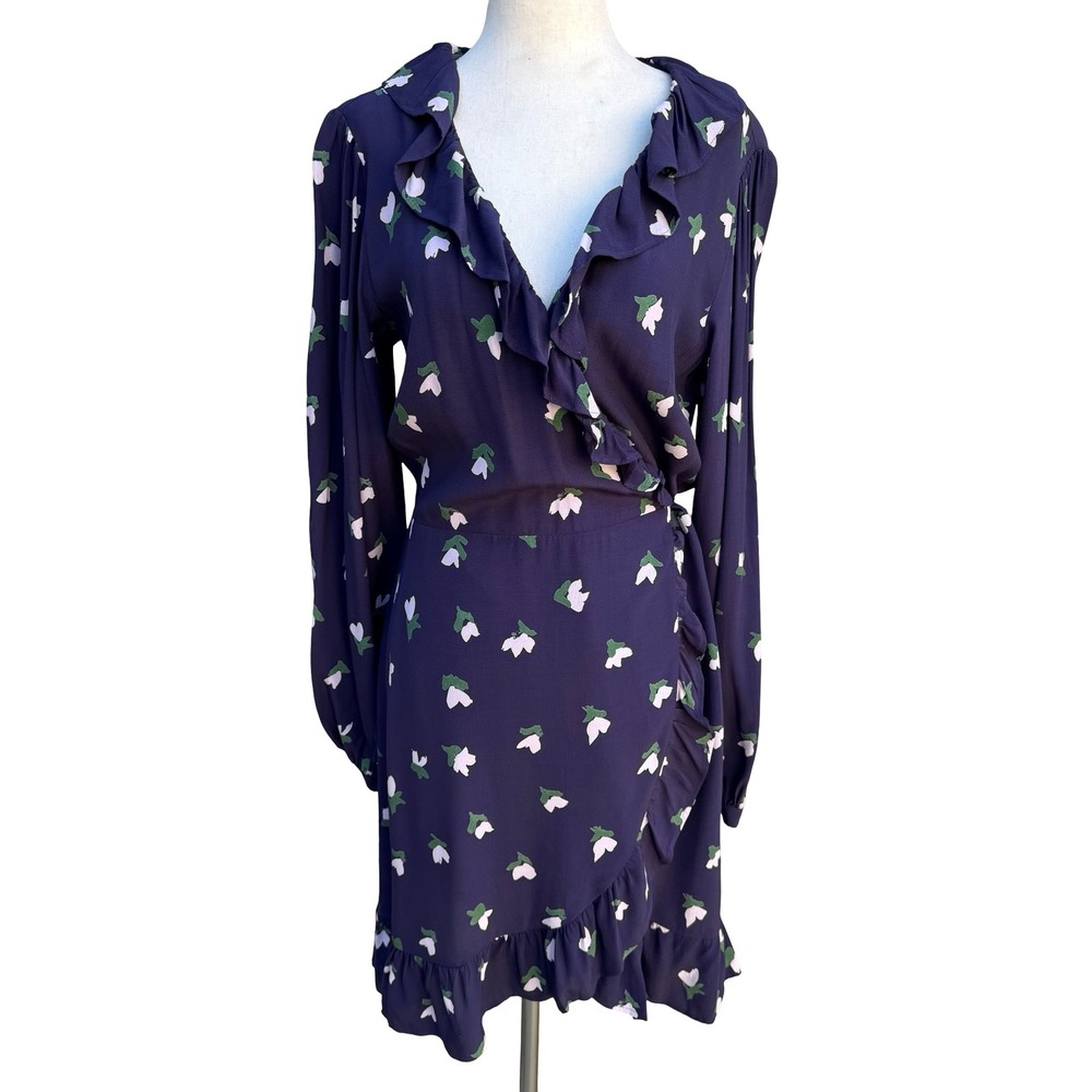 HM Navy Blue Floral Tulip Feminine Boho Ruffle Wrap Dress Long Sleeve Size 8 NEW